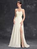 Chiffon Sweetheart Ivory A Line Appliques Wedding Dress With Slit