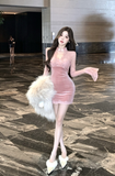 Elegant Pink Velvet Dress with Sheer Lace Yoke