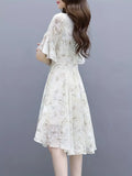 Ruffle Trim Sleeve Airy Floral Print  Chiffon Dress
