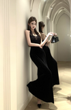 Elegant Black Halter Velvet Gown with Lace Detail