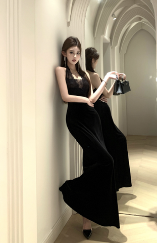 Elegant Black Halter Velvet Gown with Lace Detail