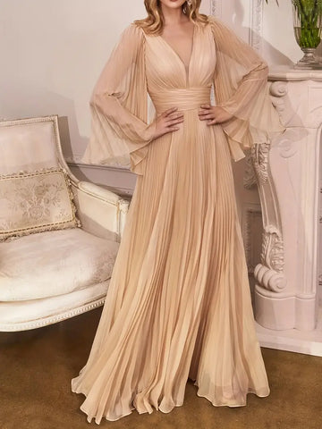 Long Sleeve Chiffon Pleats Maxi V Neck Dress