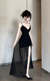 Elegant Black Spaghetti Strap Gown with Sheer Panels