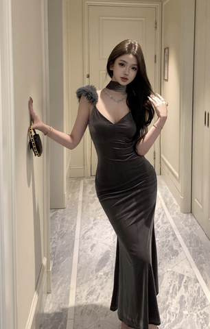 Elegant Charcoal Velvet Maxi Dress with Furry Straps