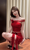 Stylish Red Off - Shoulder Set with Ruffled Skirt and Flower Decor