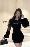 Elegant Black Velvet Dress with Sheer Mesh Inserts