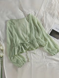 Chiffon Green Long Sleeve Ruffle Hem Blouse