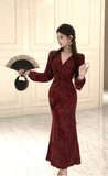 Stylish Long - Sleeve Midi Dress in Wine - colored Velvet
