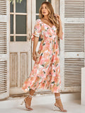 Floral Tie Cuff Surplice Neck Dress