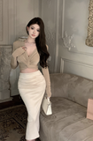 Stylish Long - Sleeve Taupe Top Paired with Cream Midi Skirt