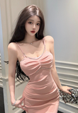 Elegant Pink Spaghetti - Strap Mermaid Dress with Rhinestones