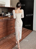 Long Sleeve Off-Shoulder White Lace Midi Dress