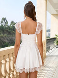 Lace Square Neck Flowy Ruched Bust Dress