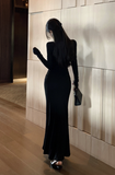 Elegant Long - Sleeve Black Gown with Lace Corset Detail