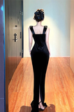 Elegant Black Velvet Evening Gown with Flower Accen