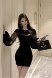 Elegant Black Velvet Dress with Sheer Mesh Inserts