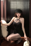 Elegant Halter Neck Black Mini Dress with Lace Detail