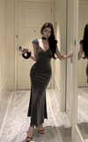 Elegant Charcoal Velvet Maxi Dress with Furry Straps