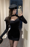 Elegant Long - Sleeve Black Mini Dress with Choker Neckline
