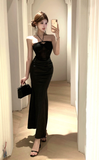 Elegant Black Strapless Maxi Dress with Halter Detail