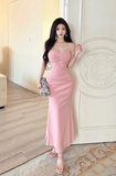 Elegant Pink Spaghetti - Strap Mermaid Dress with Rhinestones