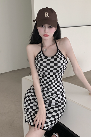 Stylish Black - and - White Checkered Dress Paired with Logo Cap