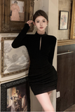Stylish Mock - Neck Black Bodycon Mini Dress with Cutout