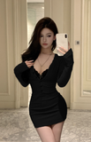 Elegant Long - Sleeve Mini Dress with Lace Insertion