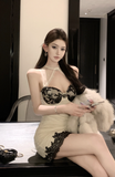 Elegant Halter Neck Dress with Black Lace and Pearl Details