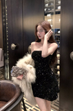 Glamorous Strapless Black Sequin Mini Dress for Parties