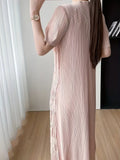 Pink  Crew Neck Short Sleeve Maxi Fringe Dress