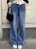 Blue Flipped Waist Design Loose Fit Straight Jeans