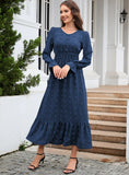 V-NECK LONG SLEEVE JACQUARD SILM WAIST DRESS