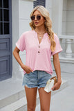 SOLID COLOR V-NECK BUTTON SHORT SLEEVE T-SHIRT