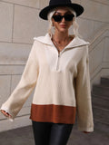 CLASSY PULLOVER COLOR MATCHING LONG SLEEVE ZIPPER SWEATER