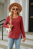 SQUARE NECK BUTTON SPLIT LOOSE LONG SLEEVE T-SHIRT