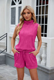 HIGH NECK SLEEVELESS VEST DRAWSTRING POCKET SHORTS SUIT