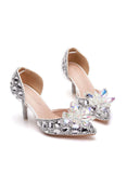 FINE-HEELED POINTED RHINESTONE SANDALS