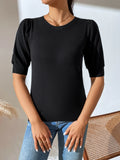 FASHION KNIT PLEATED SHORT SLEEVE SOLID COLOR SWEATER