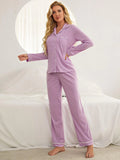 CLASSY SOLID COLOR LONG SLEEVE TROUSERS PAJAMAS SUIT