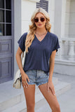 V-NECK SOLID COLOR LOOSE SHORT SLEEVE T-SHIRT