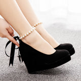 BEADED RIBBON ROUND HEAD WATERPROOF PLATFORM SHOES