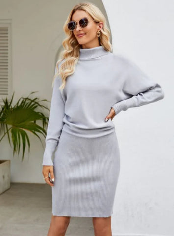 FASHION SLIM HIGH NECK SOLID COLOR KNIT DRESS