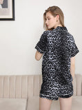 FASHION SEXY V-NECK LEOPARD PRINT SHORT SLEEVE TWO-PIECE SUIT