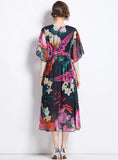 RETRO PRINTED V-NECK FIVE-POINT SLEEVE LOOSE DRESS