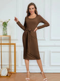 LONG-SLEEVED SPLIT PIT SOLID COLOR DRESS