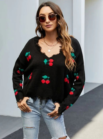 FASHION  WOMEN V-NECK FRINGED SWEATER