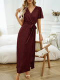 V-NECK SPLIT SHORT SLEEVE LONG DRESS