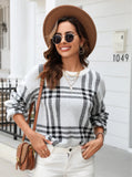 Plaid Splicing Pullover Round Neck Sweater