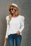 LONG SLEEVE PLEATED SPLICED ROUND NECK T-SHIRT